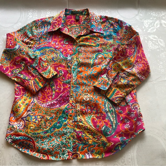 Lauren Ralph Lauren Petite Paisley Multicolored Button-Up Shirt Women’s Size PL - Picture 6 of 16